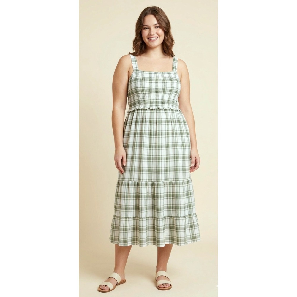 Lark + Grey Midi Dress XL Green White Plaid Smocked Tiered Rayon